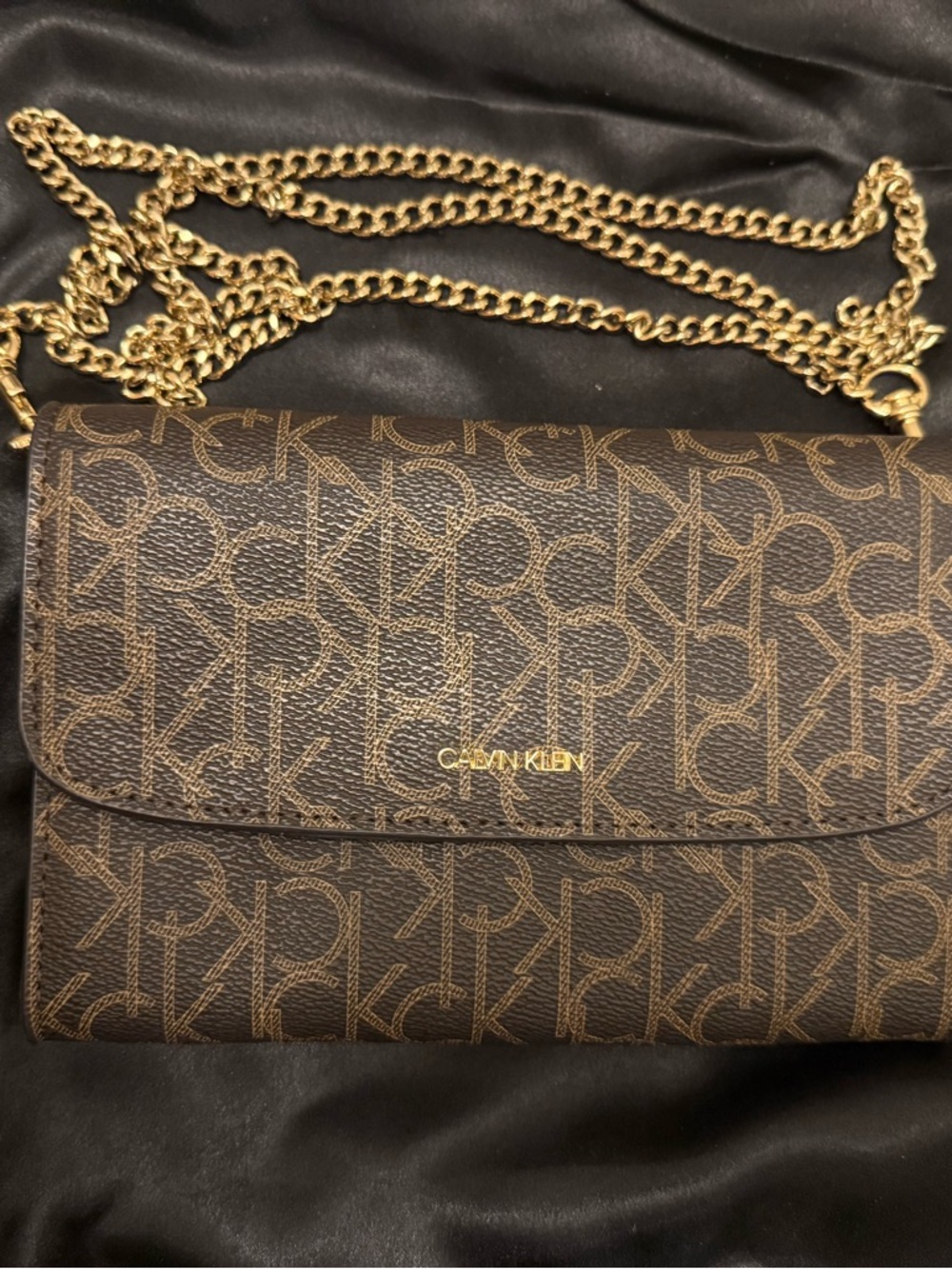 Calvin Klein Brown Monogram Crossbody with Gold Chain